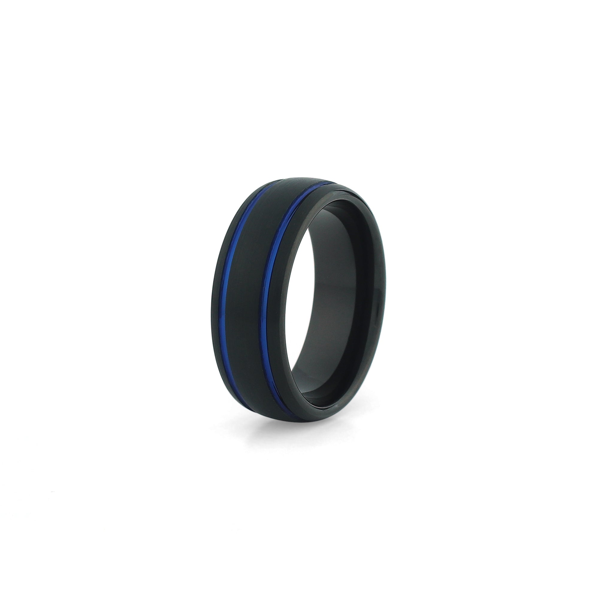 8mm black tungsten ring brushed finish with two blue grooved lines wedding band