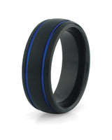 Brushed black men's ring with blue line detail