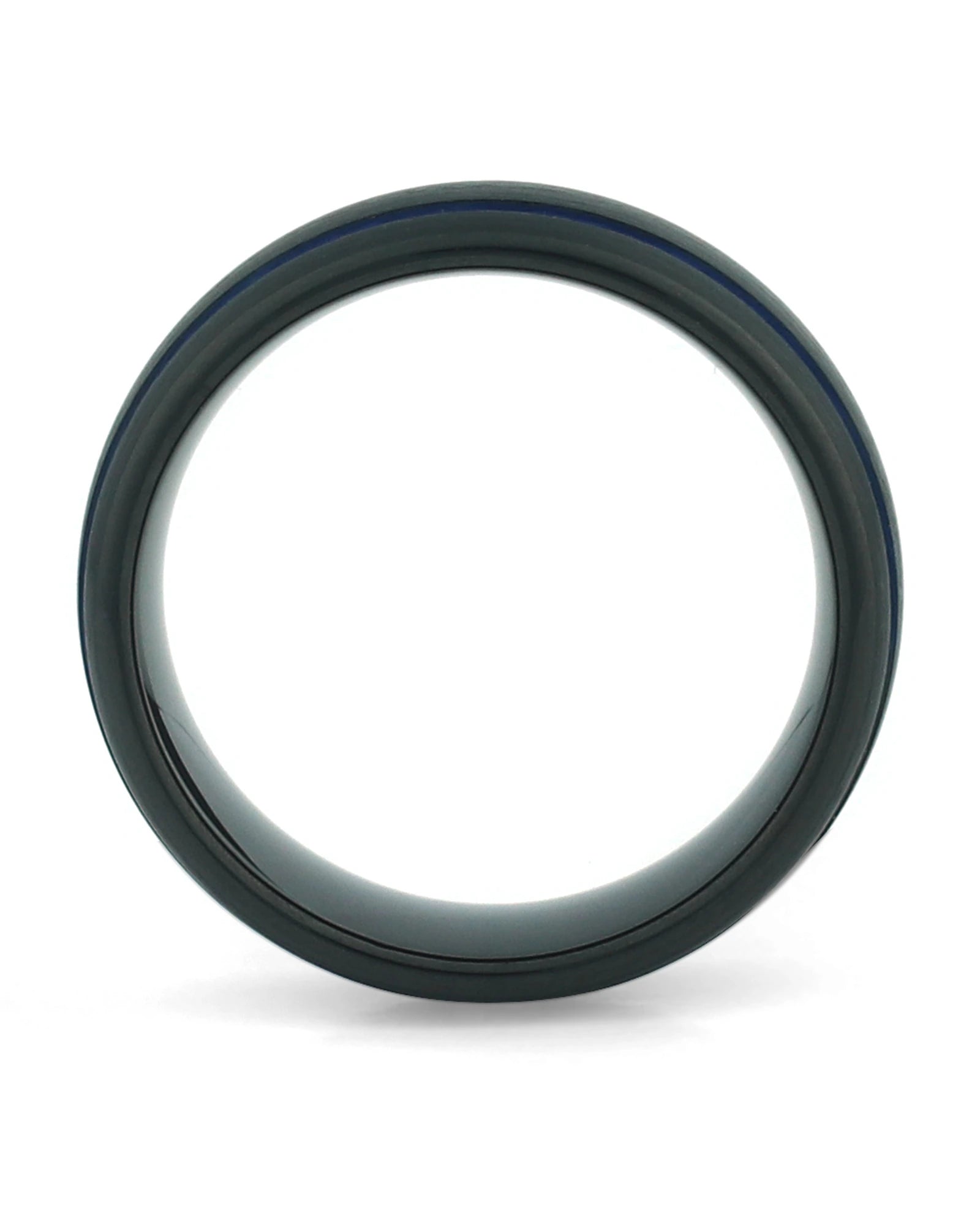Side view of brushed black ring with blue lines