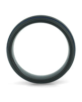 Side view of brushed black ring with blue lines