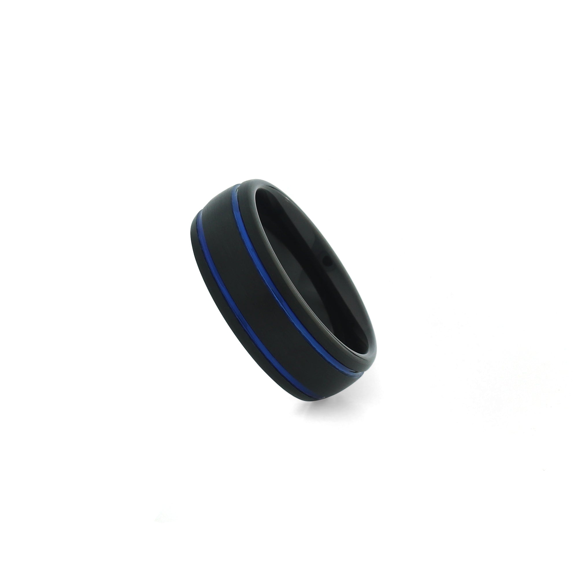 8mm black tungsten ring brushed finish with two blue grooved lines wedding band