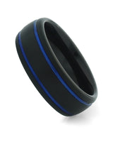 Brushed black and blue men's ring shown at an angle