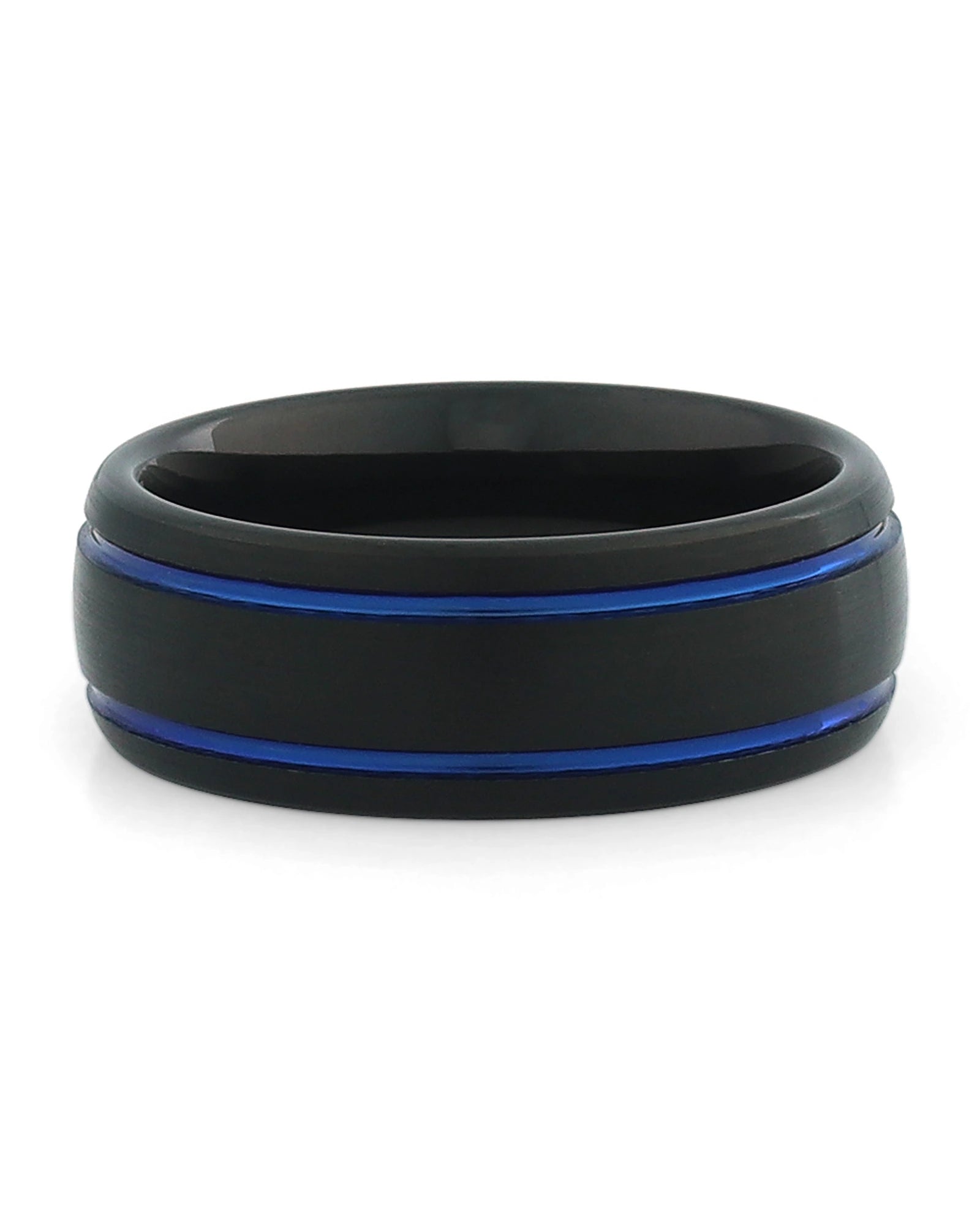 Front view of black men's ring with blue line detail