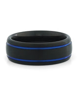 Front view of black men's ring with blue line detail