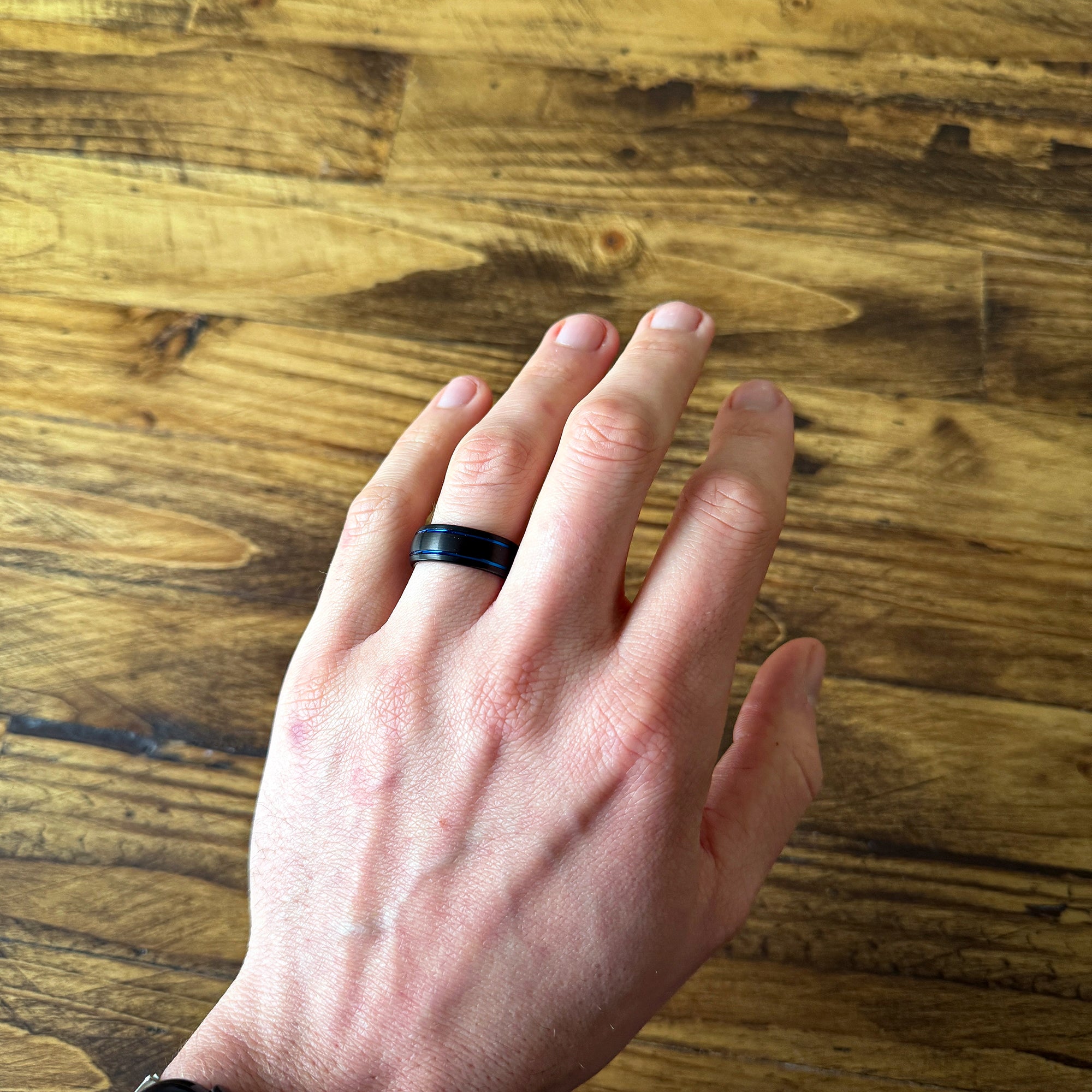 8mm Black Tungsten Ring With Blue Grooved Lines – Brushed Finish