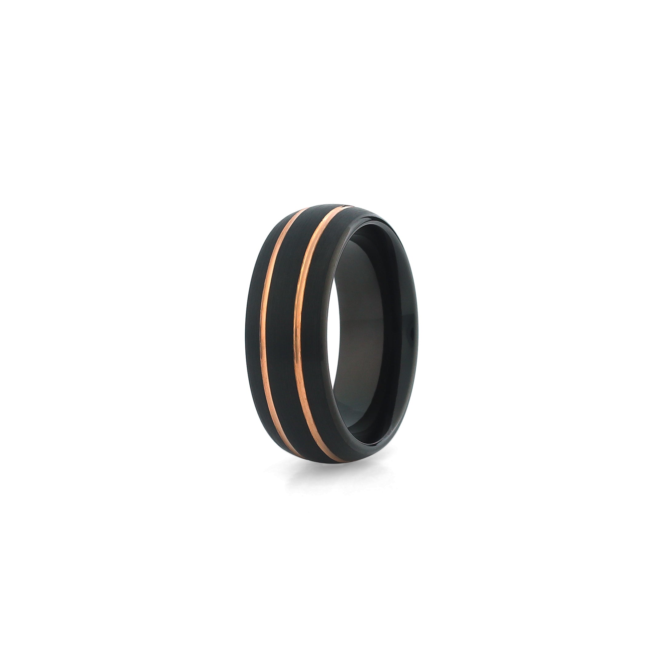 8mm black tungsten ring brushed finish with two gold grooved lines wedding band