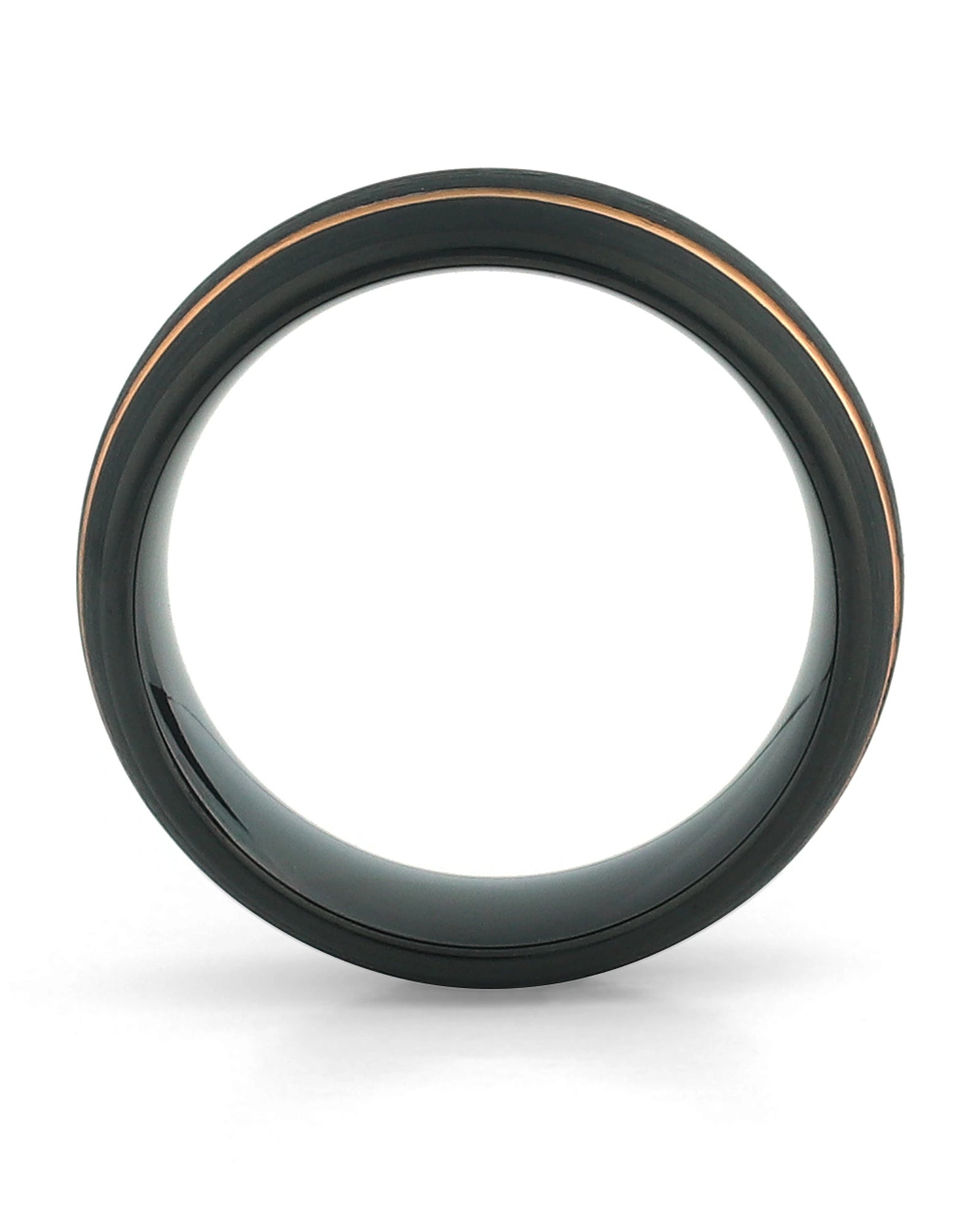 Side view of brushed black ring with gold lines