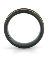 Side view of brushed black ring with gold lines