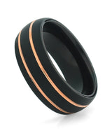 Brushed black and gold men's ring shown at an angle