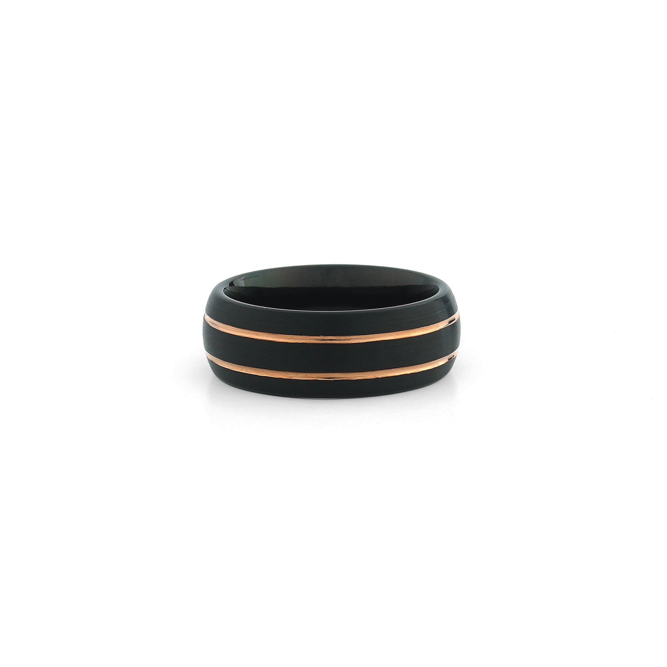 8mm black tungsten ring brushed finish with two gold grooved lines wedding band