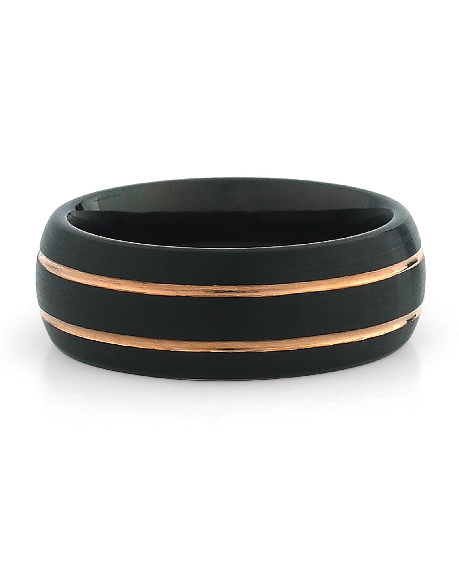 Front view of black men's ring with gold line detail
