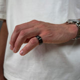 8mm black tungsten ring brushed finish with two gold grooved lines wedding band