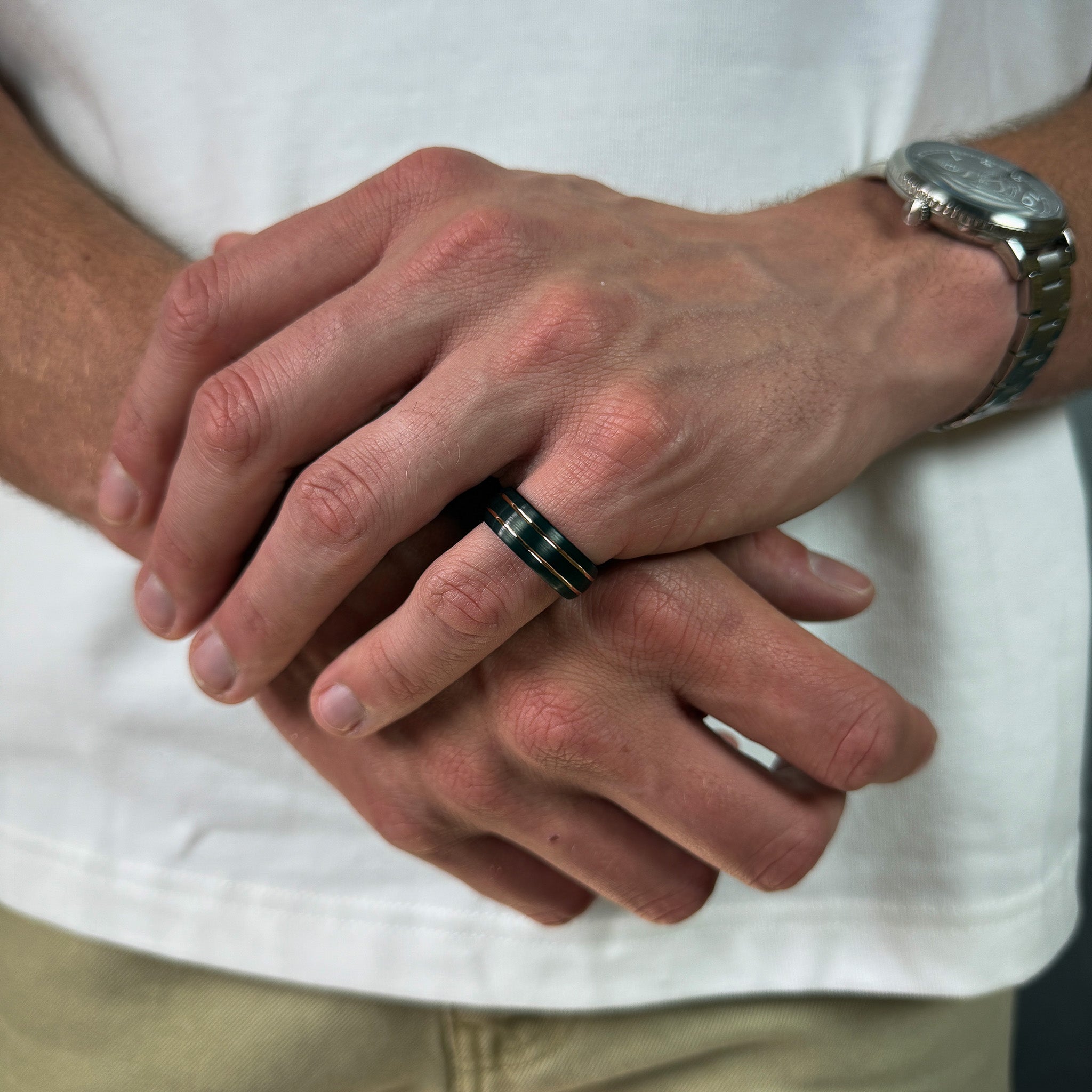 8mm black tungsten ring brushed finish with two gold grooved lines wedding band