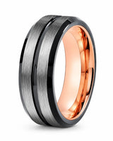 Silver brushed tungsten wedding ring with polished black groove, black edges and rose gold comfort fit interior.