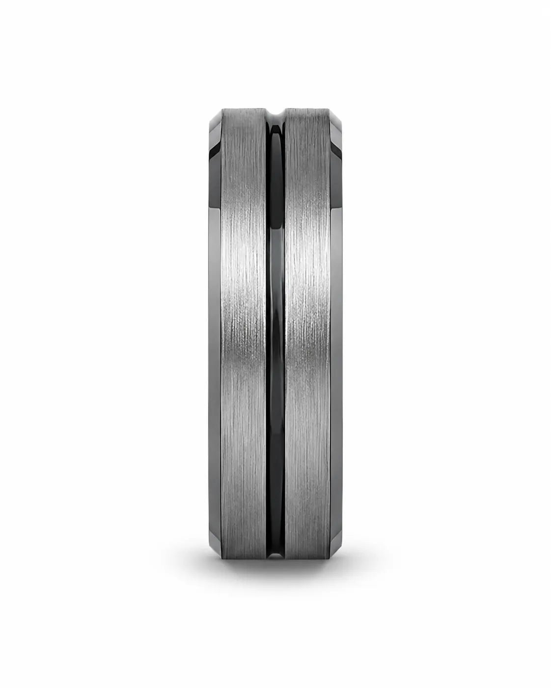 Silver brushed tungsten wedding ring with polished black groove, black edges and rose gold comfort fit interior.