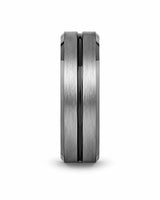 Silver brushed tungsten wedding ring with polished black groove, black edges and rose gold comfort fit interior.