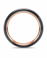 Silver brushed tungsten wedding ring with polished black groove, black edges and rose gold comfort fit interior.