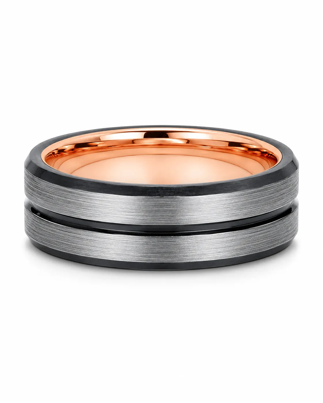 Silver brushed tungsten wedding ring with polished black groove, black edges and rose gold comfort fit interior.