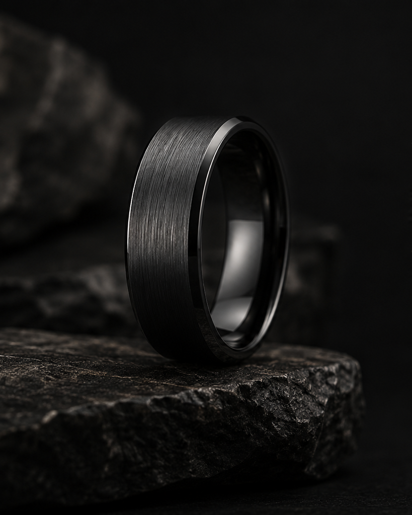 Black ring on a dark stone surface with a blurred background