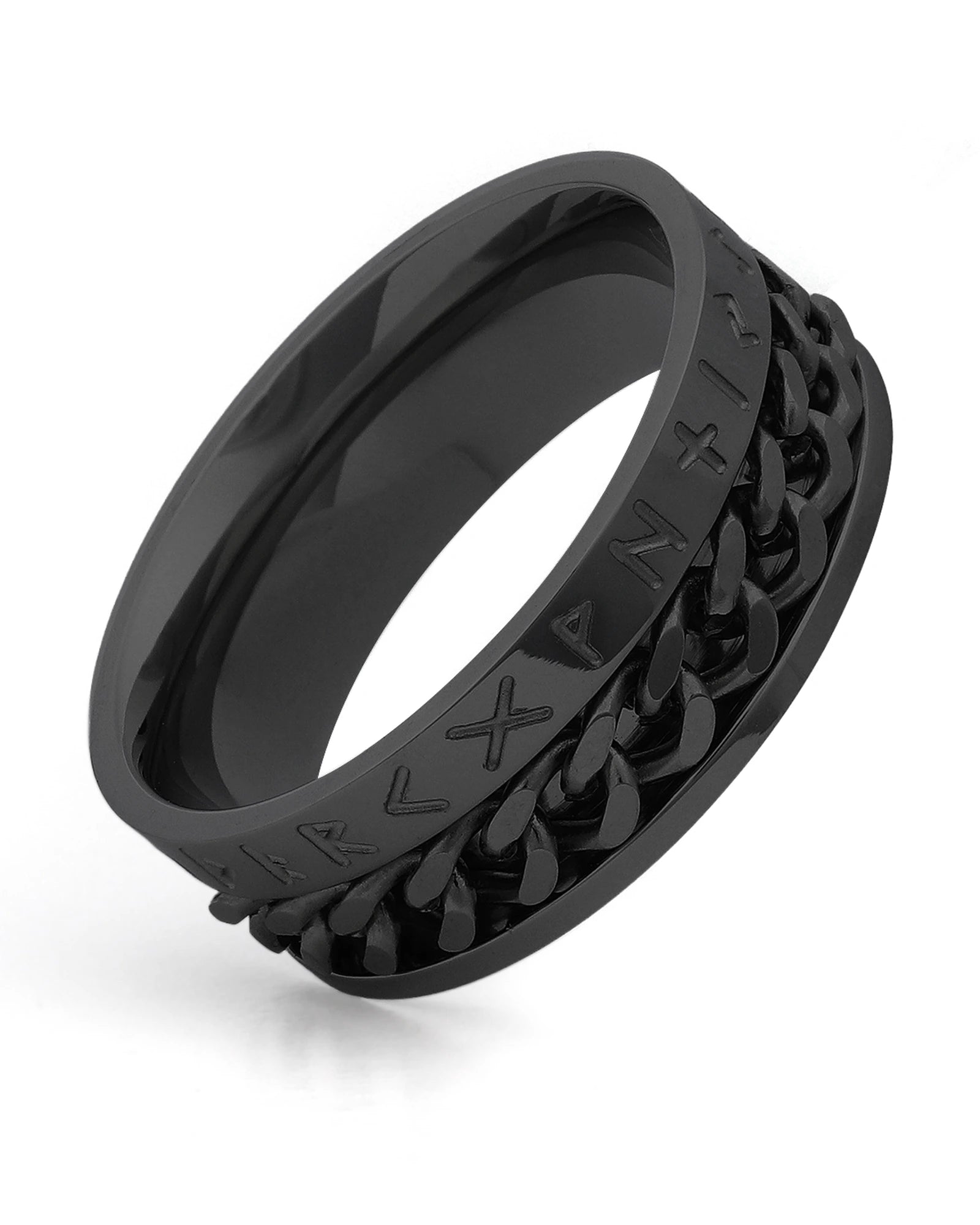 Side view of black Viking rune spinner ring