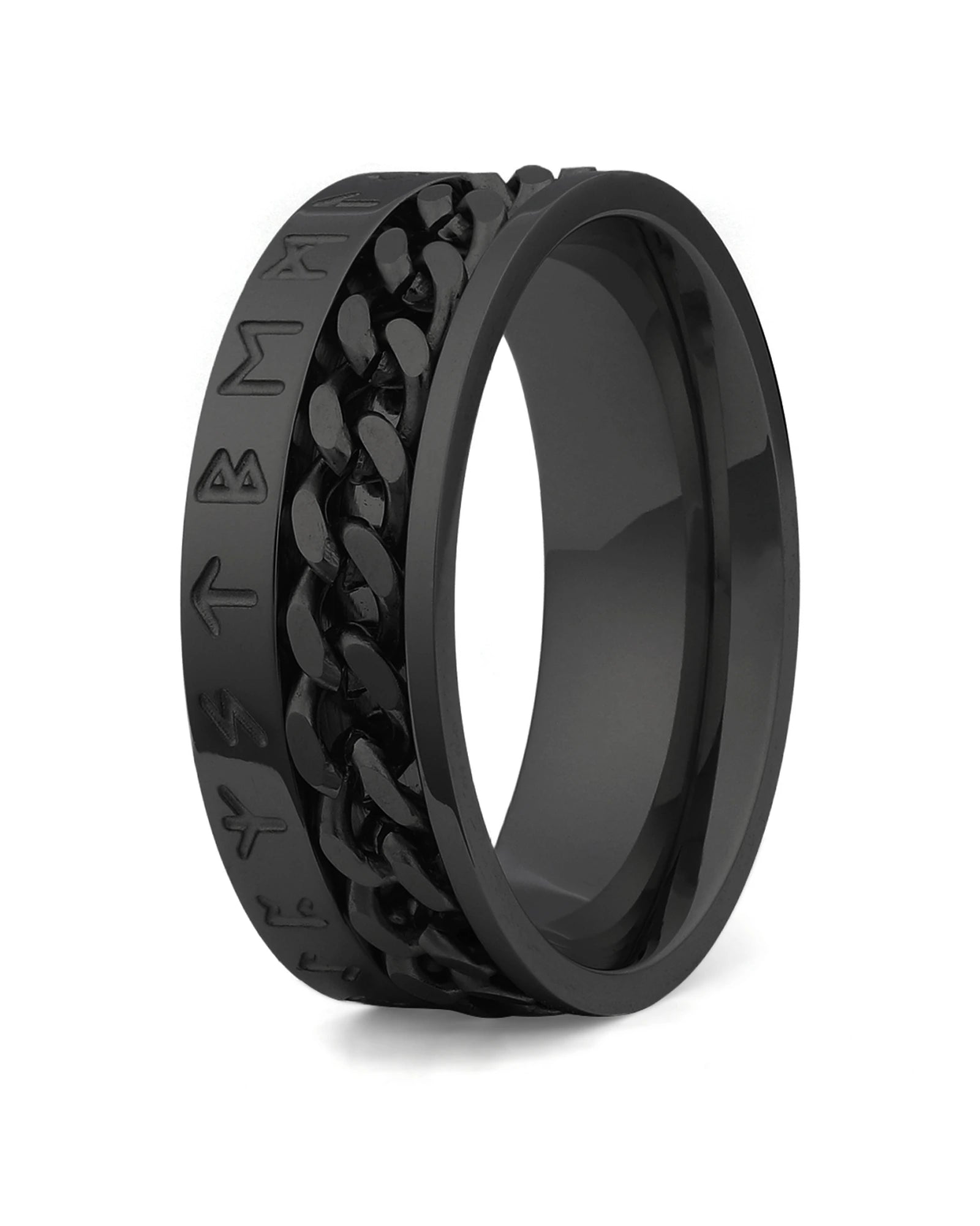 Black Viking rune spinner fidget ring for men, 8mm band