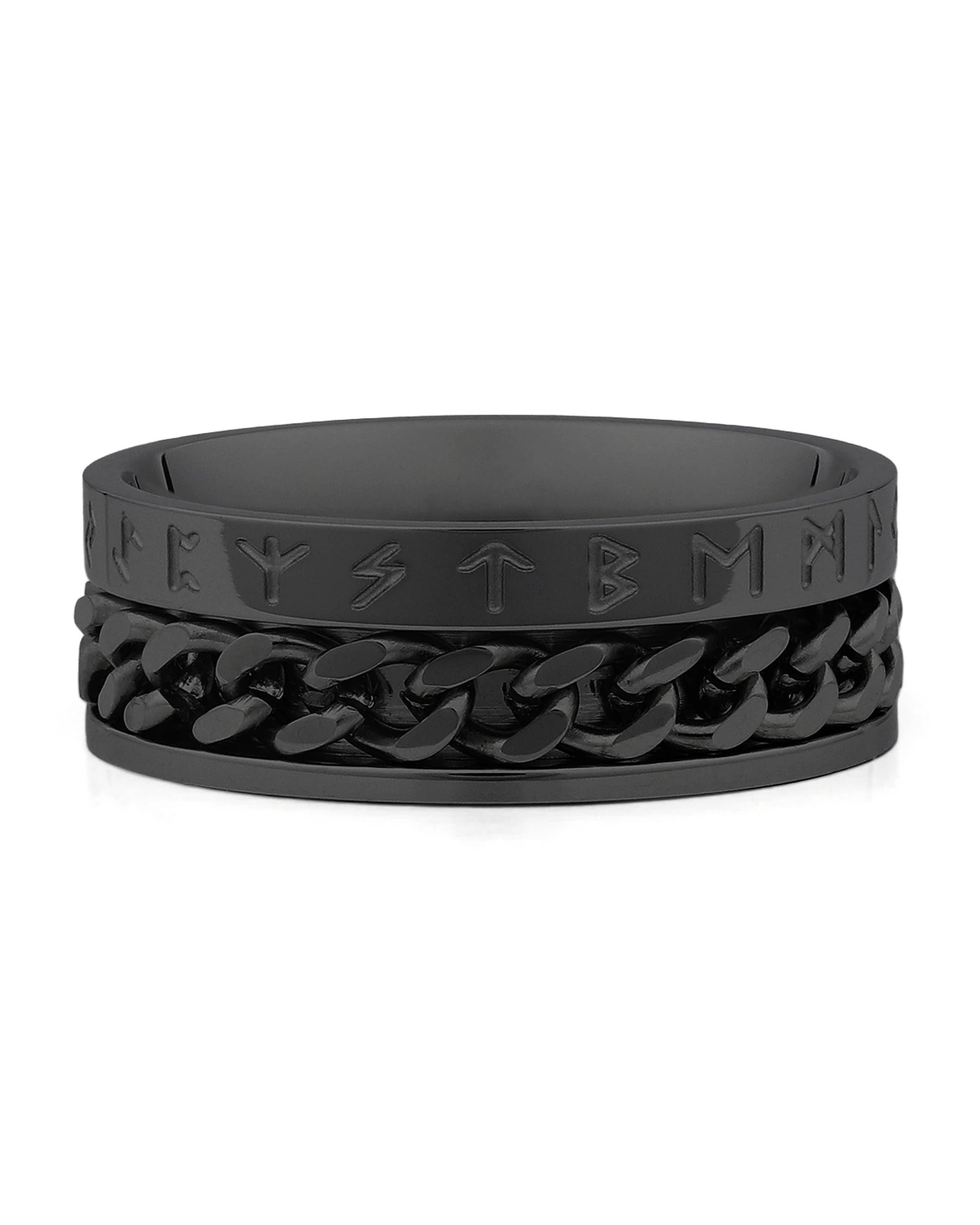 Front view of black Viking rune fidget ring