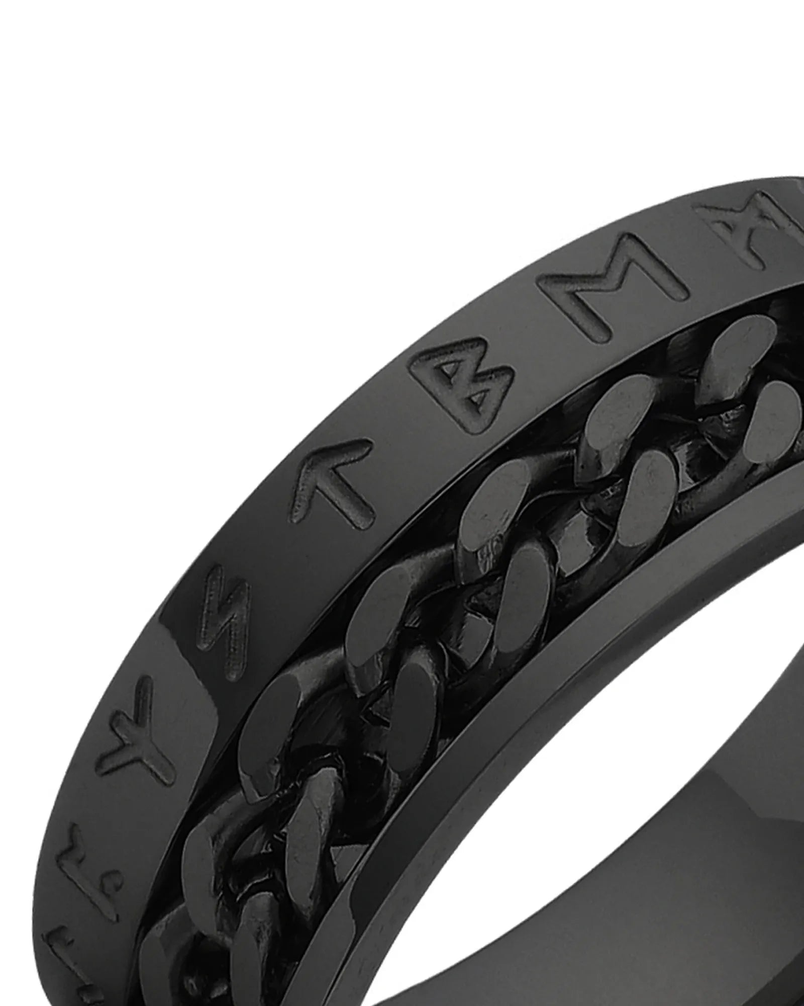 Black Viking rune spinner ring shown at an angle