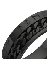 Black Viking rune spinner ring shown at an angle