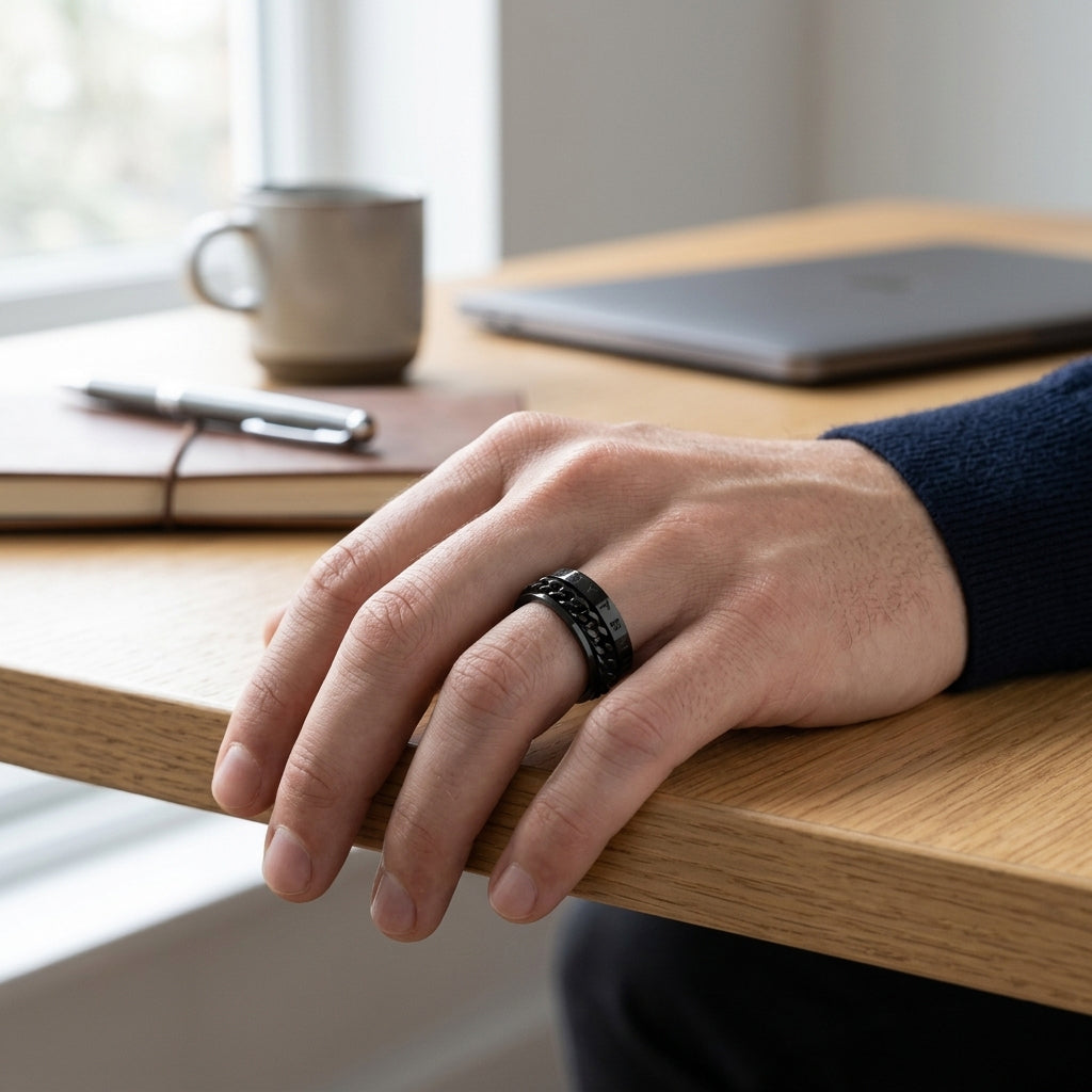 black cuban chain spinner ring 8mm rune engraving on hand