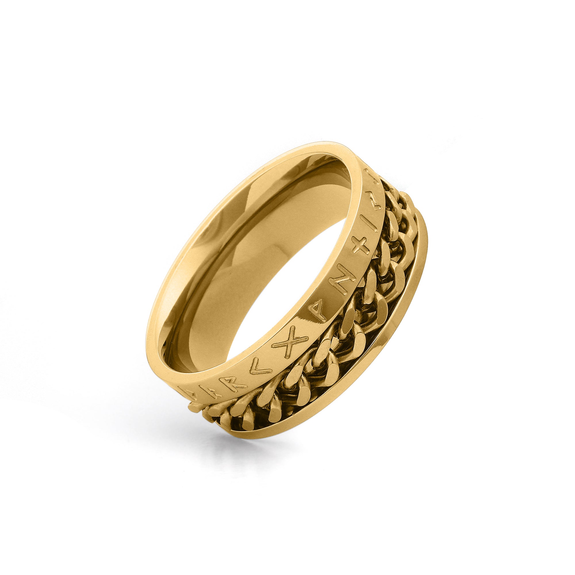 mens gold spinner ring rune pattern detail