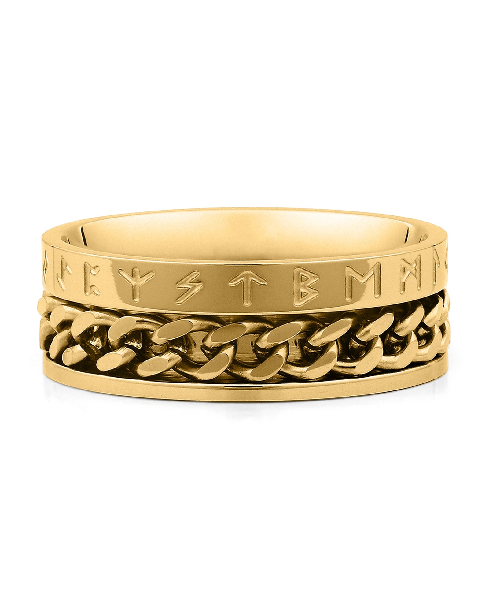 Front view of gold Viking rune fidget ring