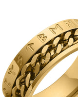 Gold Viking rune spinner ring macro closeup showing detail