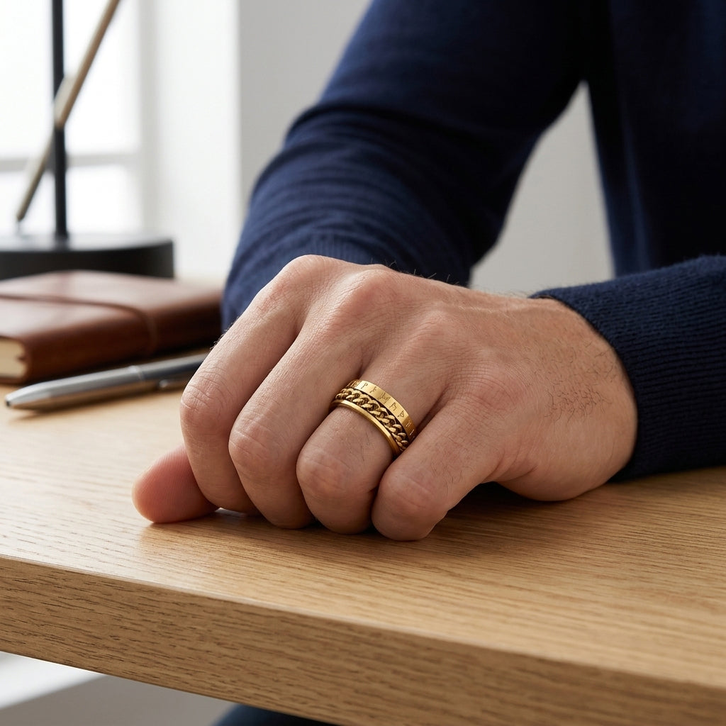 gold cuban chain spinner ring 8mm rune engraving on male model