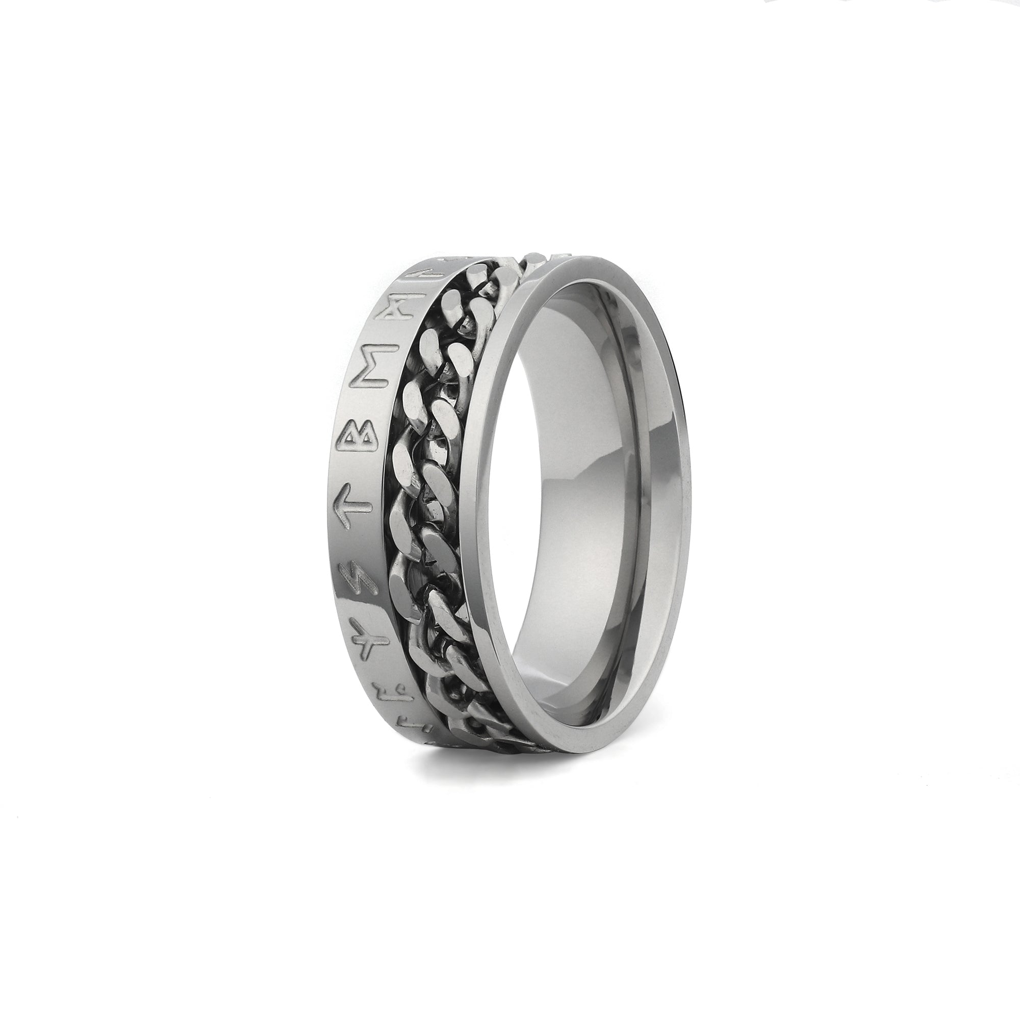 silver cuban chain spinner ring 8mm rune engraving