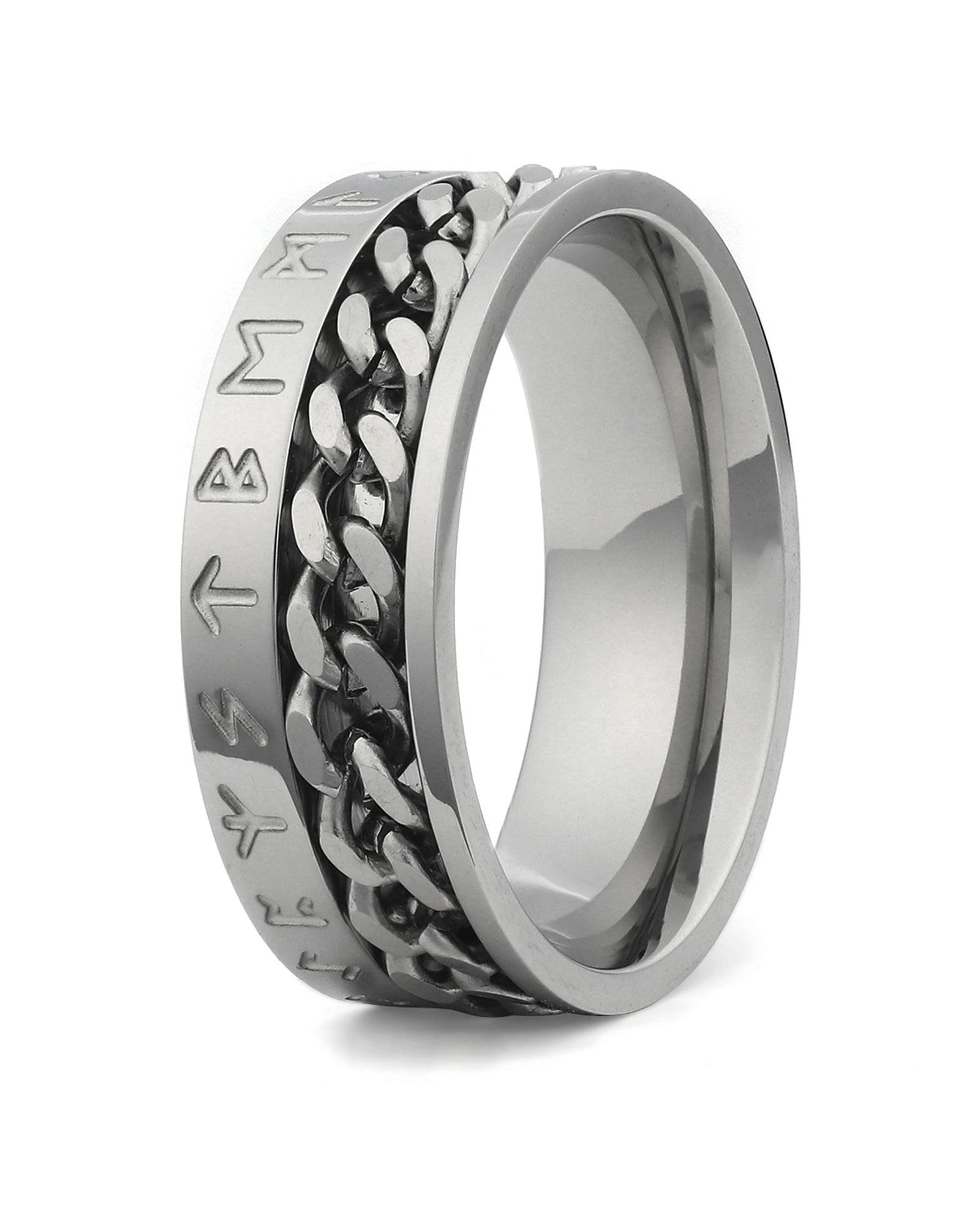 Silver Viking rune spinner fidget ring for men, 8mm band