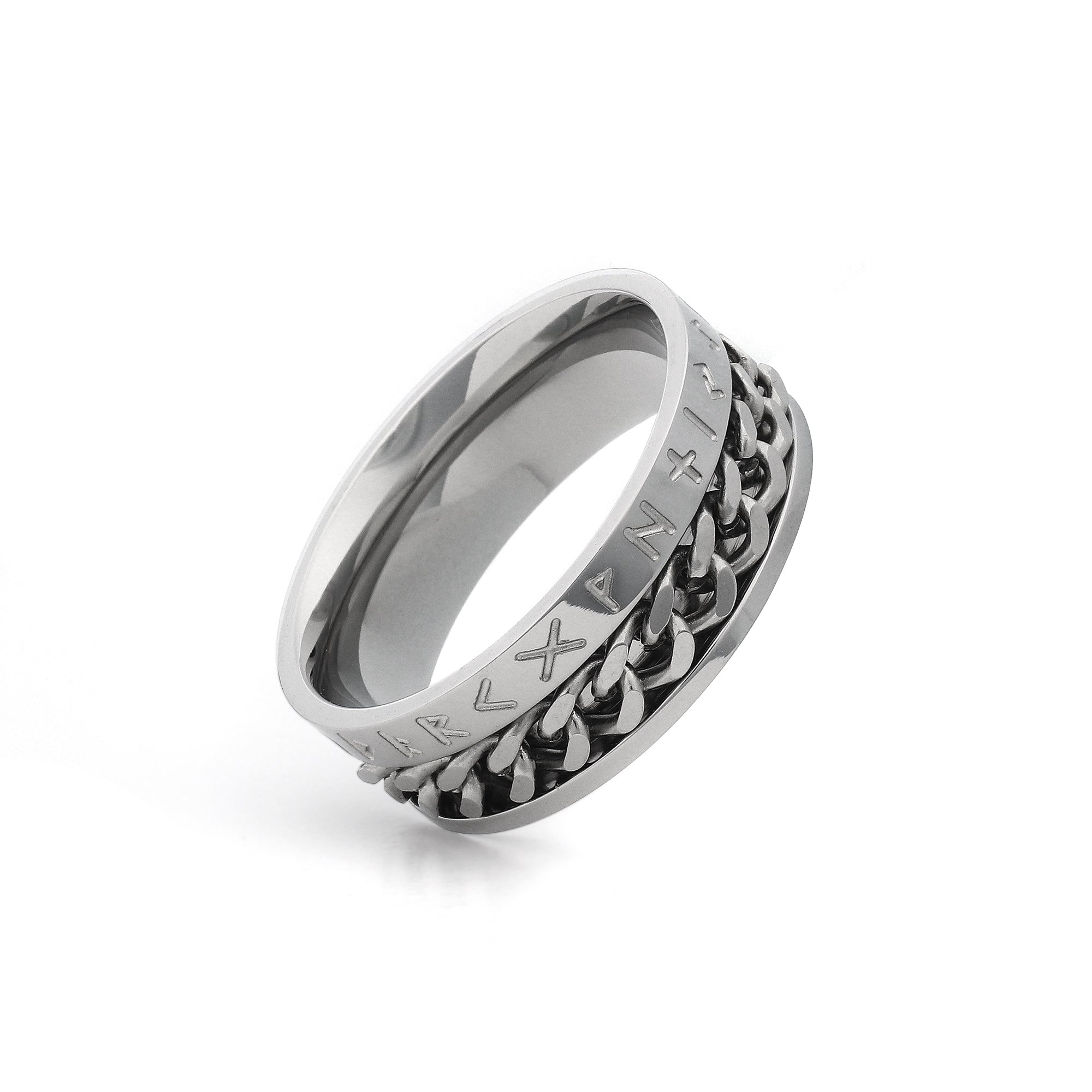 rune engraved spinner ring silver rotating chain band