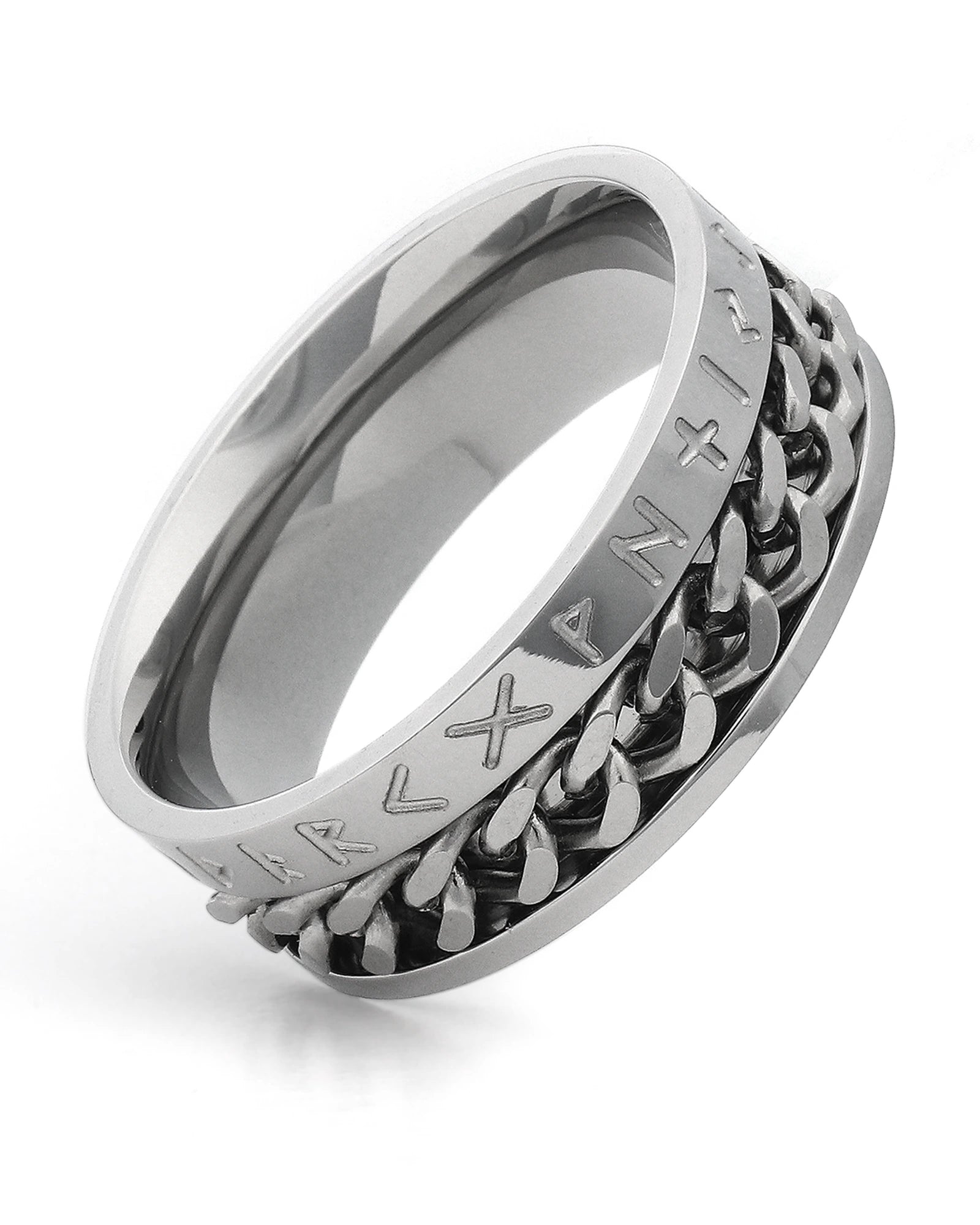 Side view of silver Viking rune spinner ring