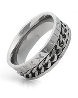 Side view of silver Viking rune spinner ring