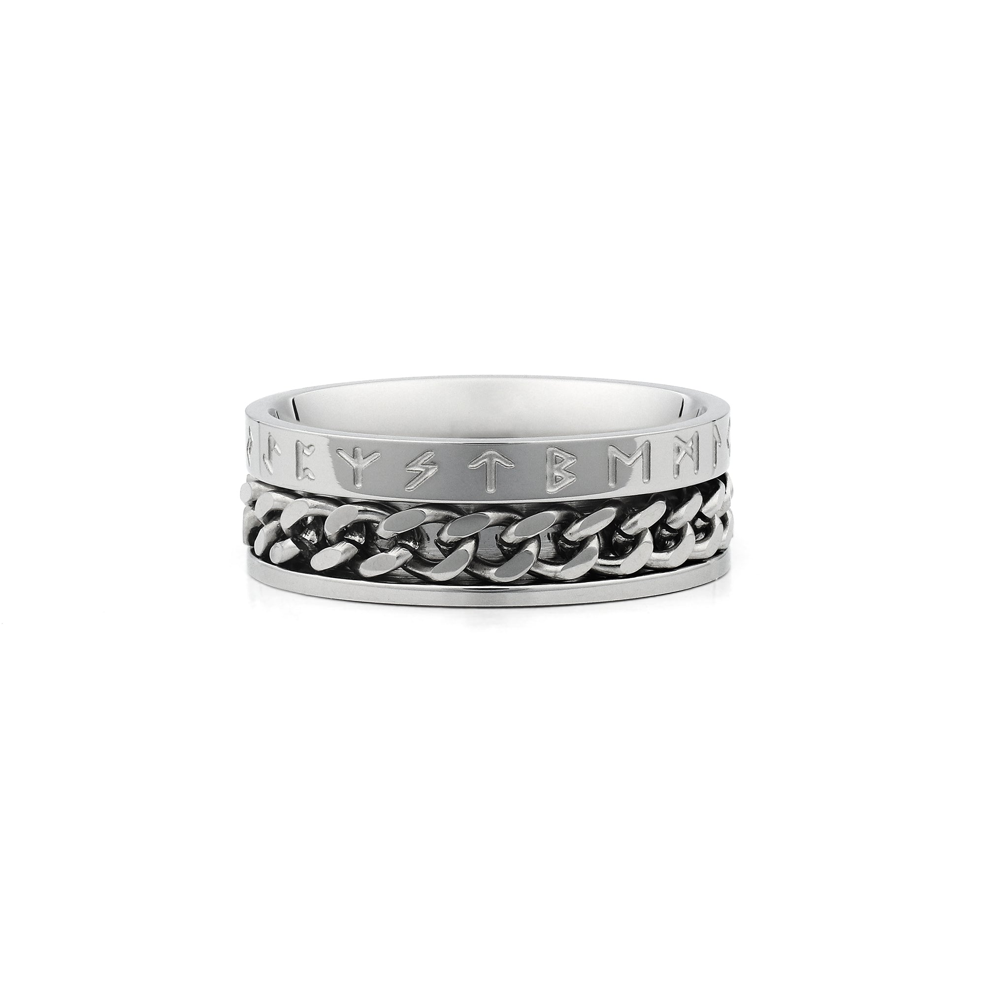 rune engraved spinner ring silver rotating chain band