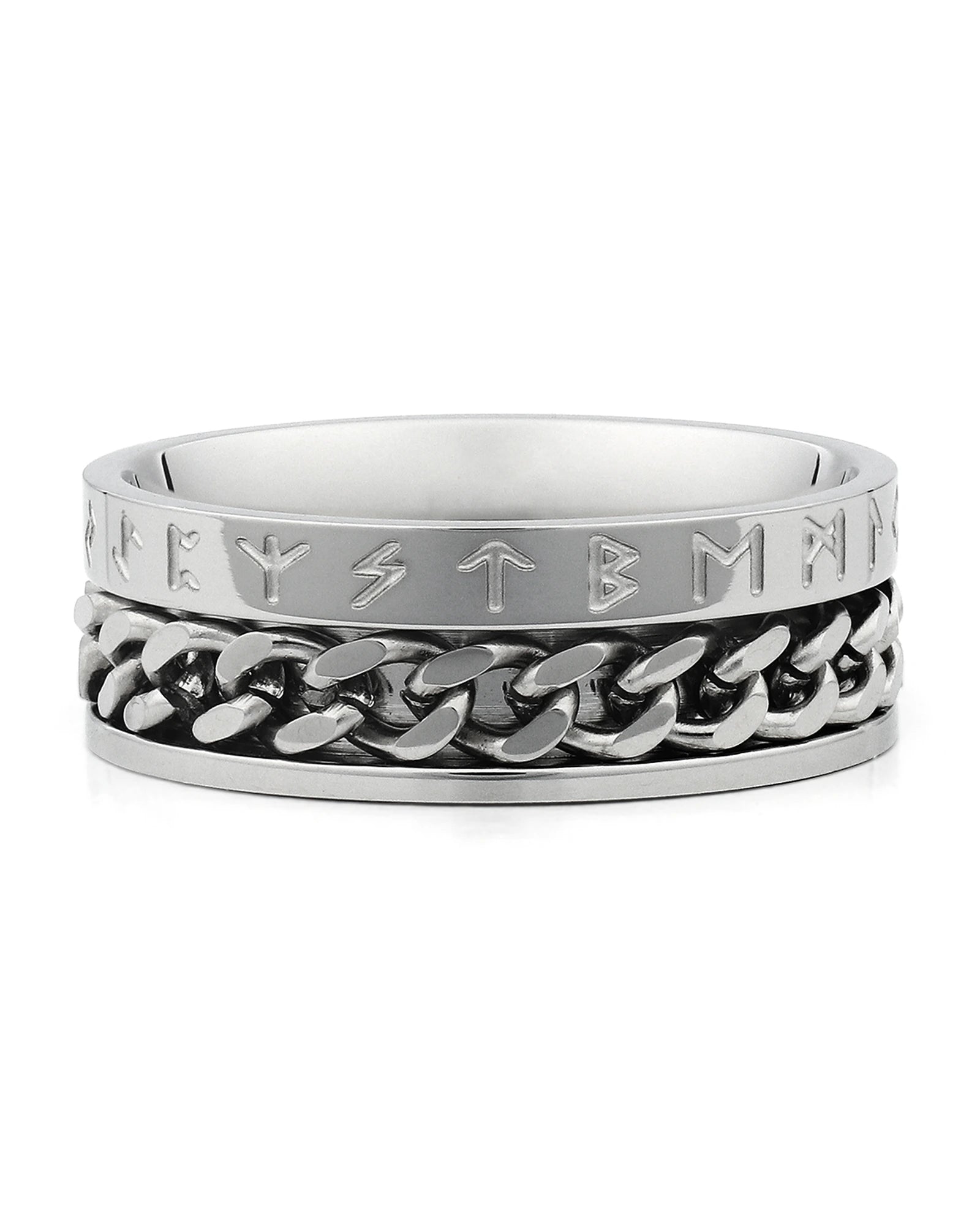 Front view of silver Viking rune fidget ring