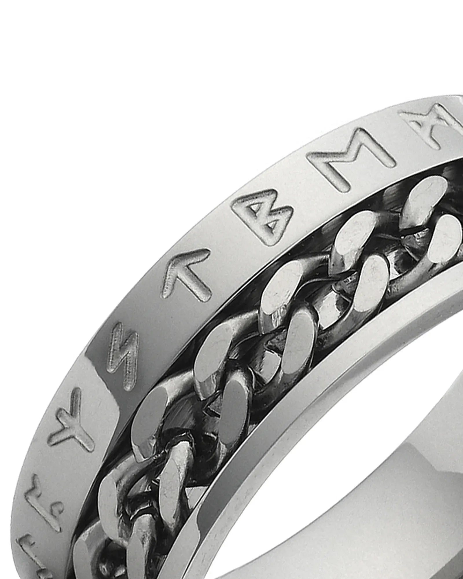 Silver Viking rune spinner ring shown at an angle