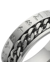 Silver Viking rune spinner ring shown at an angle
