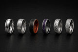 Comparison of men's wedding ring styles including classic, modern, natural, unique, textured and statement wedding bands.