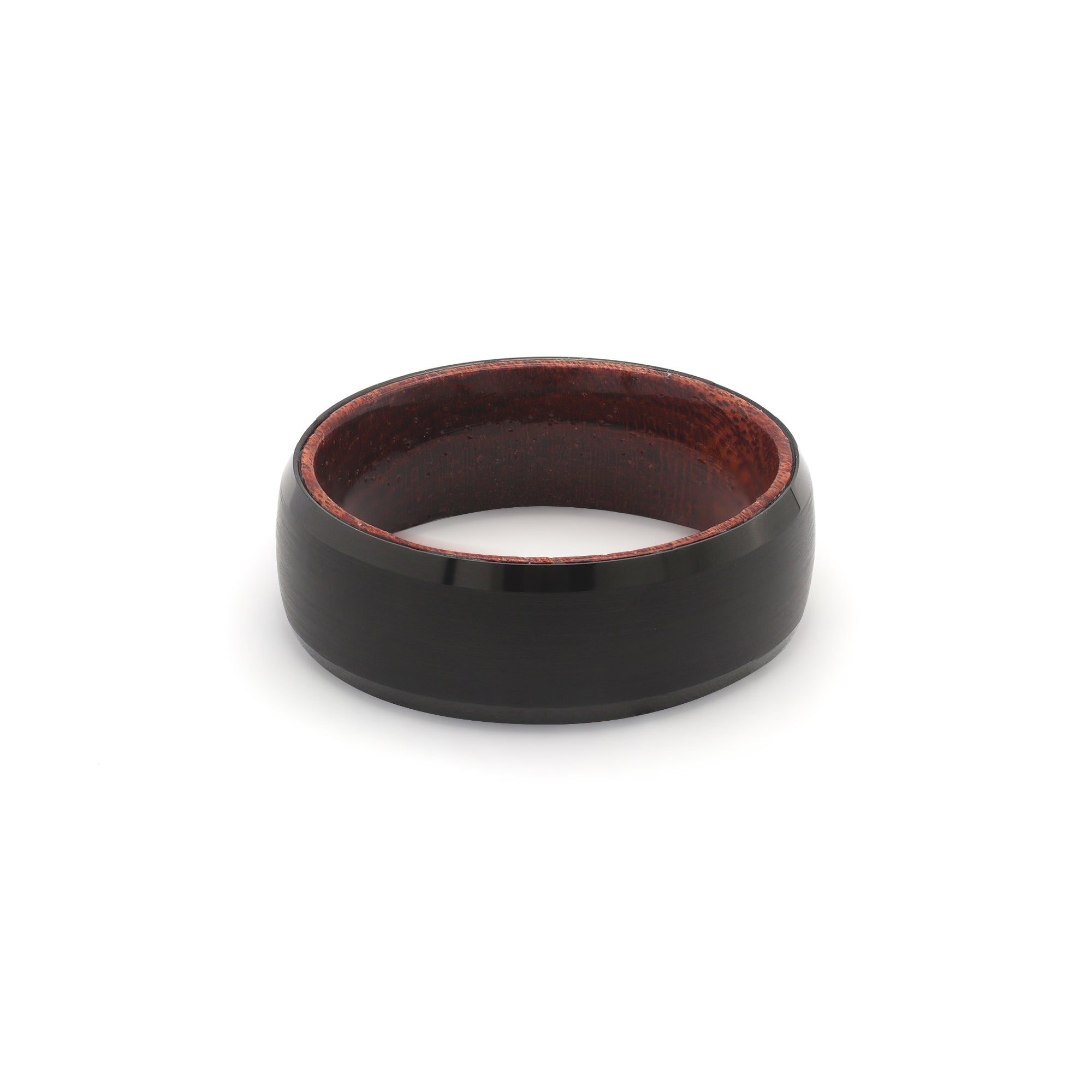 mens black tungsten wedding ring with beveled sides and a recycled maple wood sleeve flat view