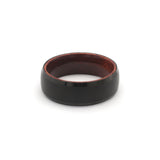 mens black tungsten wedding ring with beveled sides and a recycled maple wood sleeve flat view
