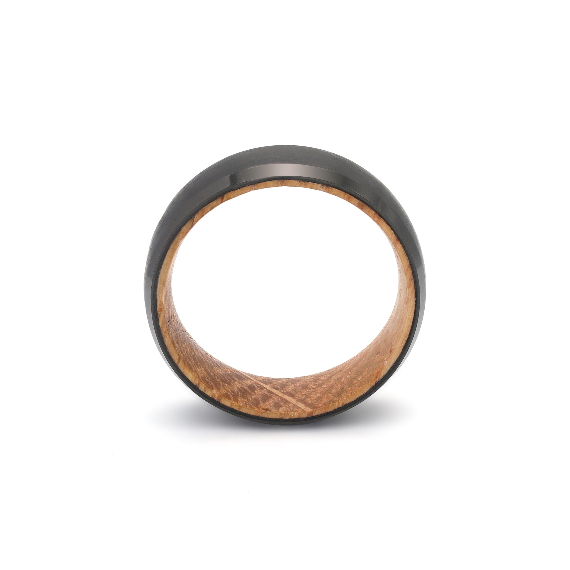 tungsten and oak wood mens wedding ring with beveled sides top view