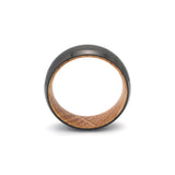 tungsten and oak wood mens wedding ring with beveled sides top view