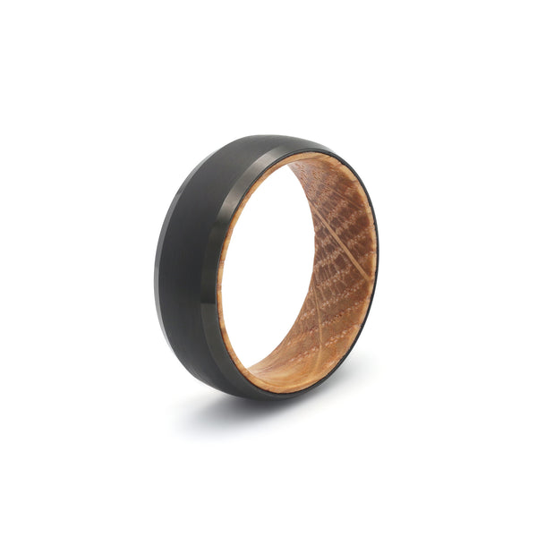 Black Whiskey Barrel Wedding Ring – Beveled Tungsten Ring with Oak Wood Sleeve