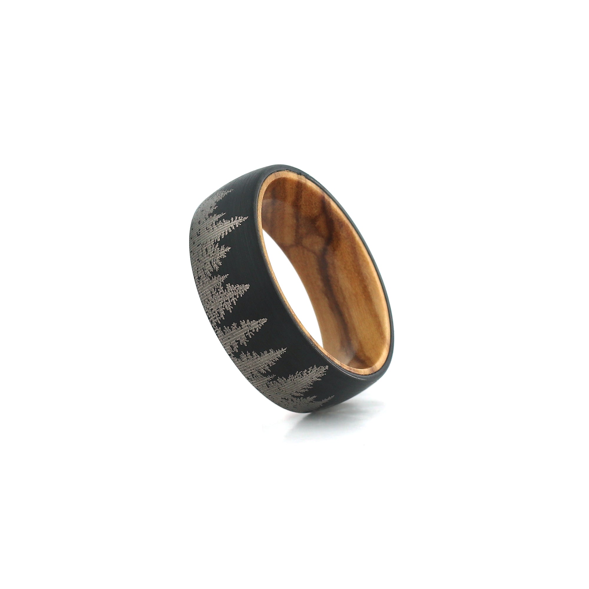 black tungsten wood ring with whiskey barrel inlay