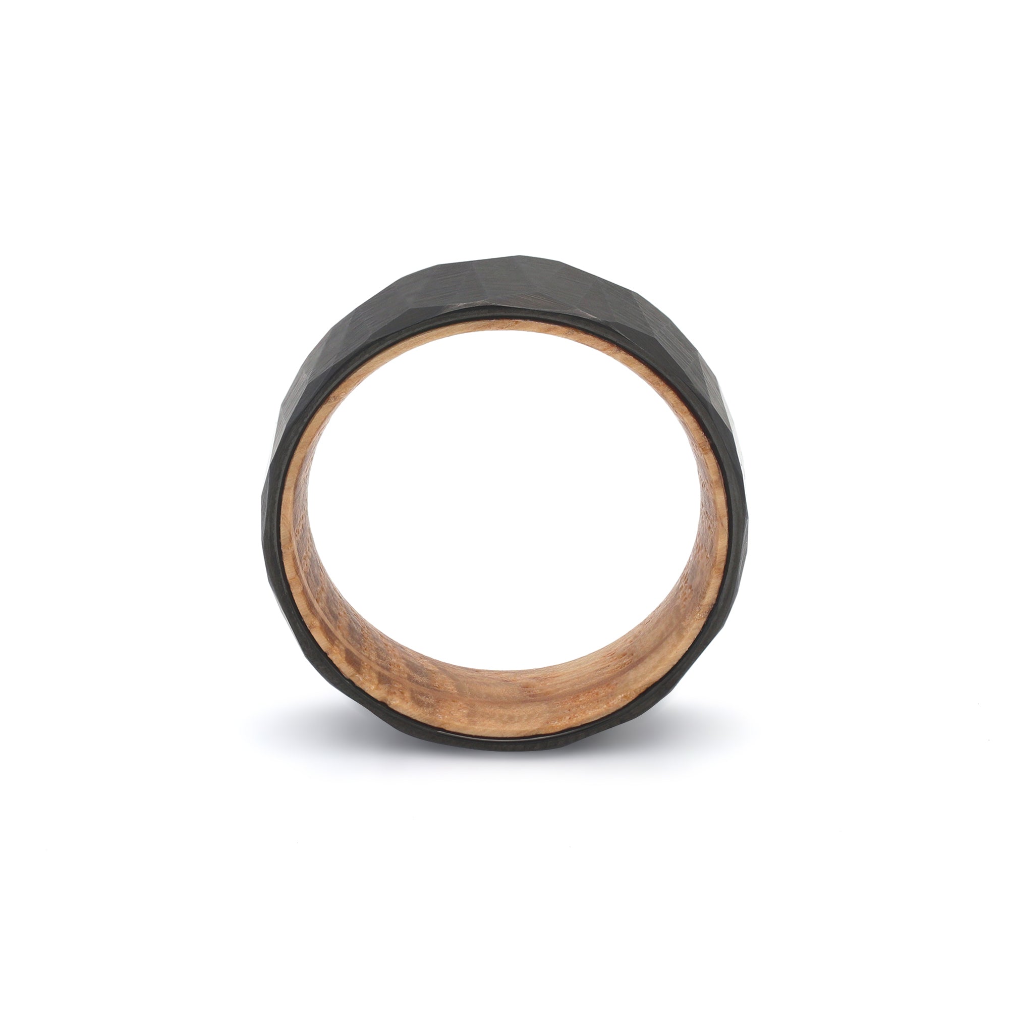 geometric pattern mens wedding ring with oak wood sleeve top view